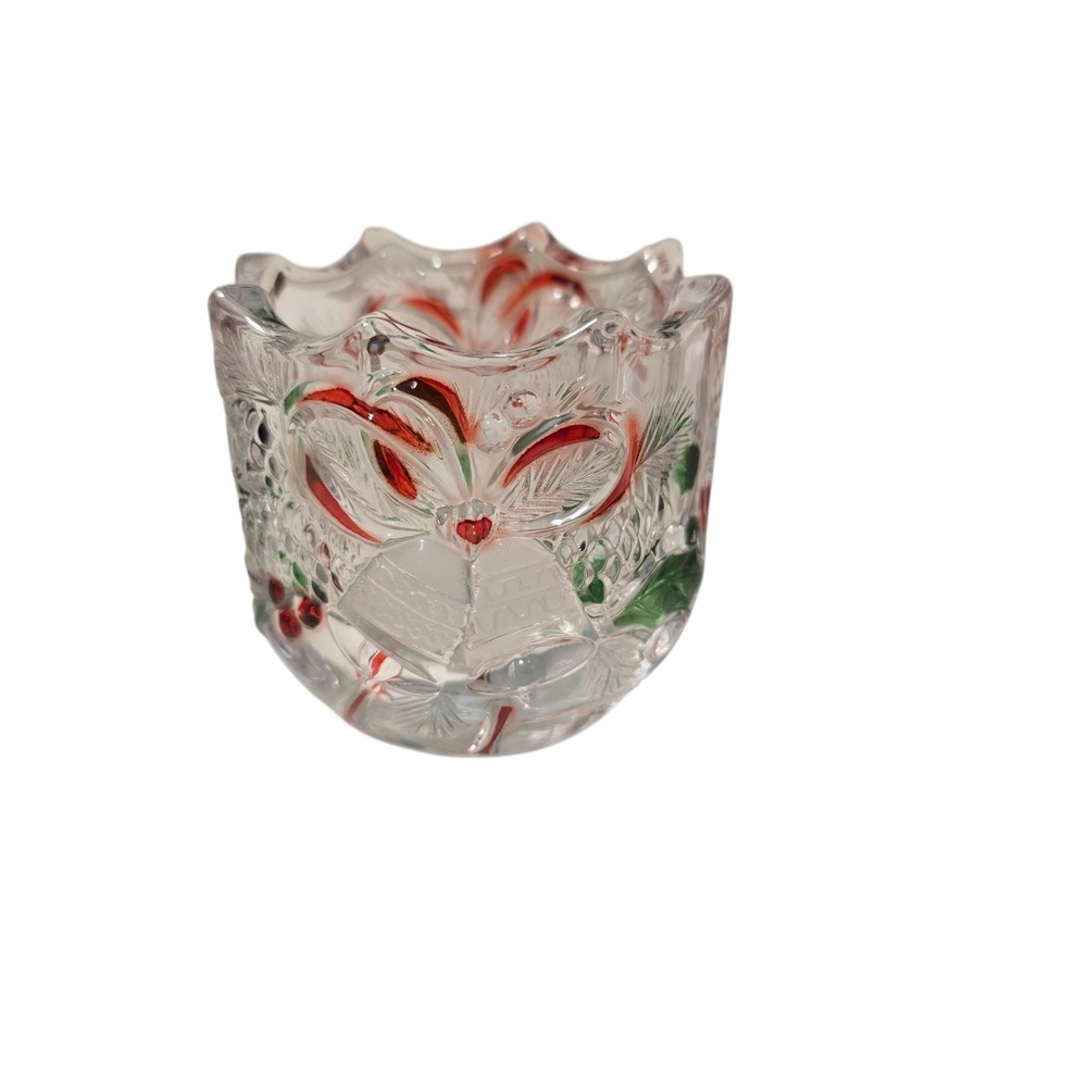 Christmas Glass Votive Candle Holder Embossed Bells Holly Berries Red Green 3in